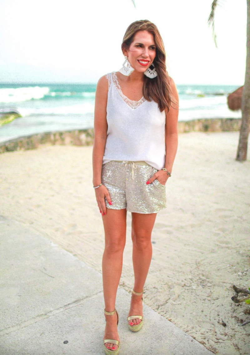 Champagne Sequin Drawstring Shorts