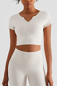 Notched Neck Short Sleeve Cropped Sports Top