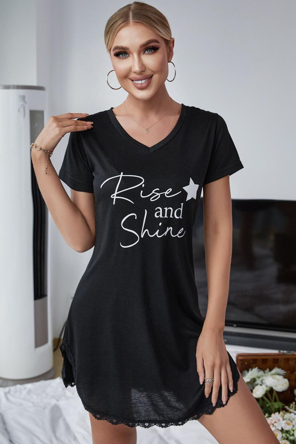 RISE AND SHINE Contrast Lace V-Neck T-Shirt Dress