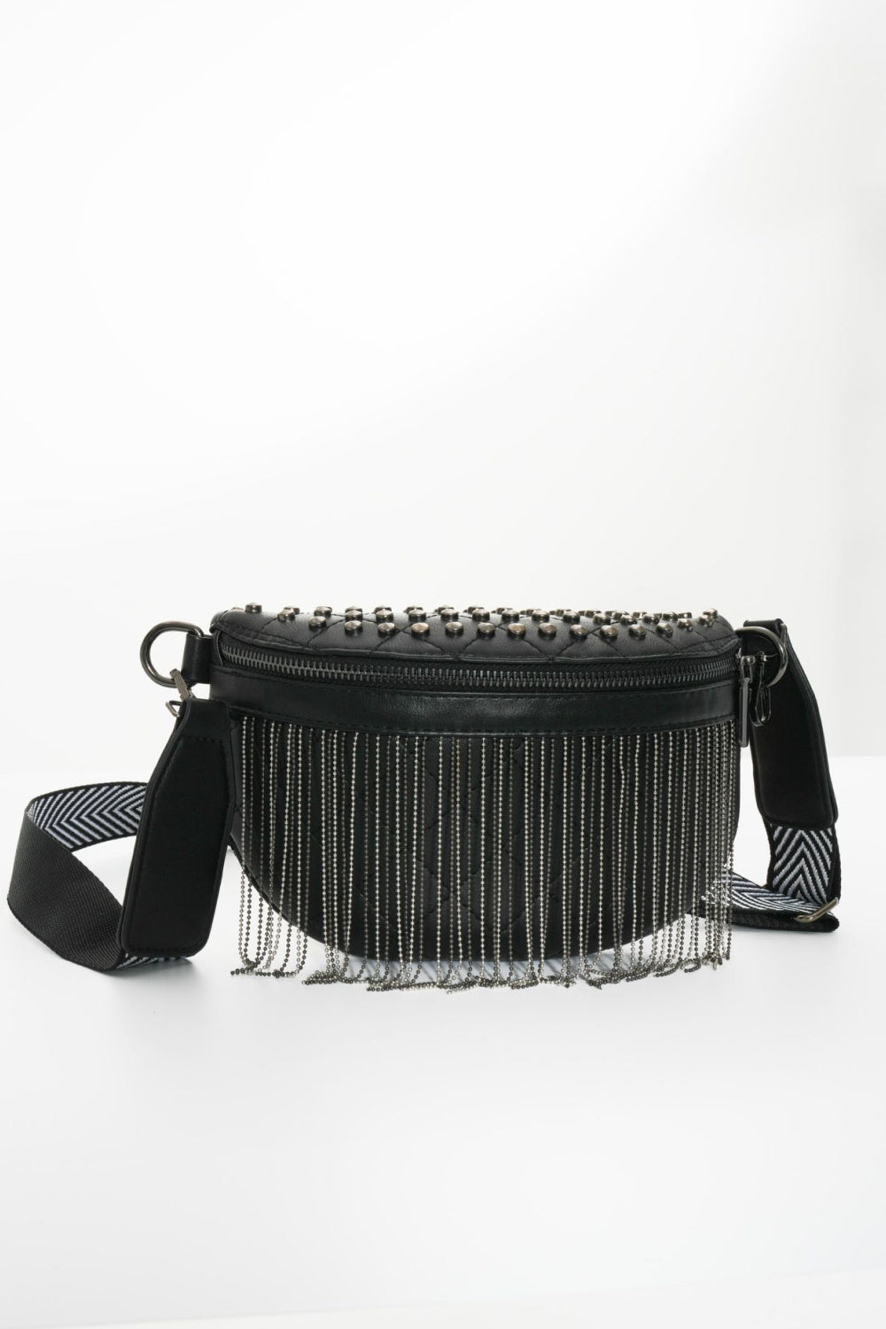 Faux Leather Studded Sling Bag with Fringes