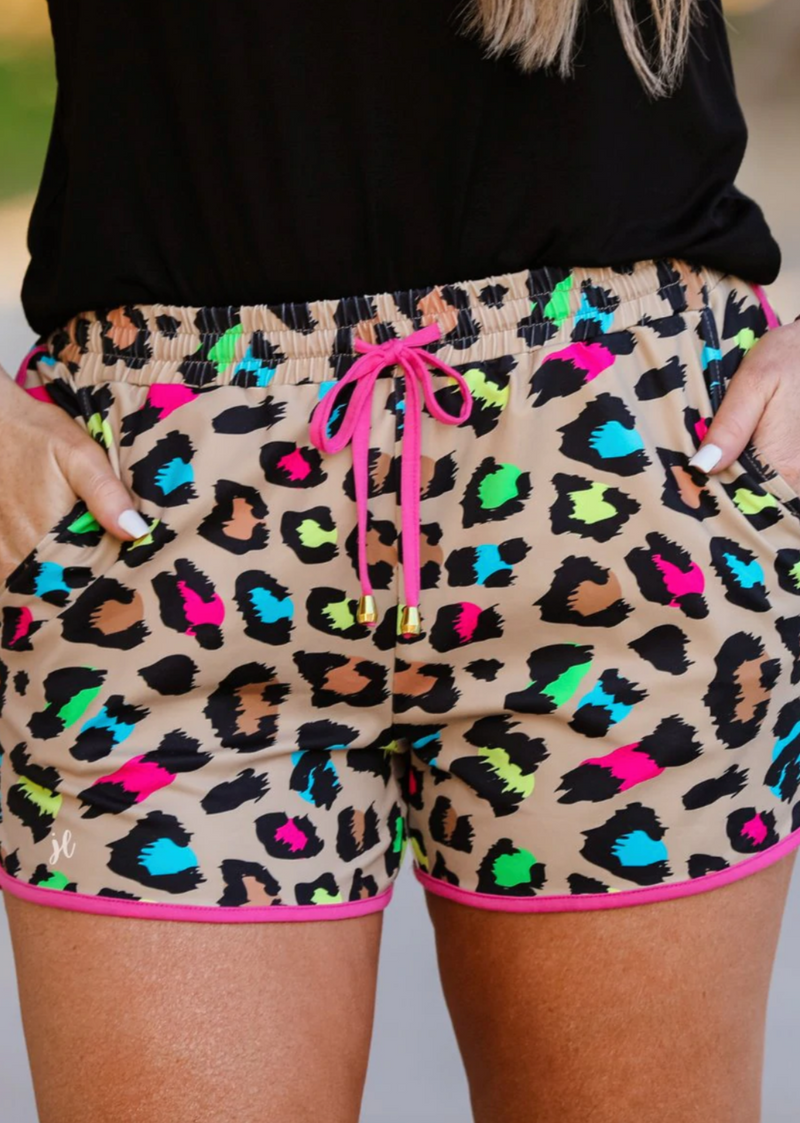 Leopard Color Splash Drawstring Shorts